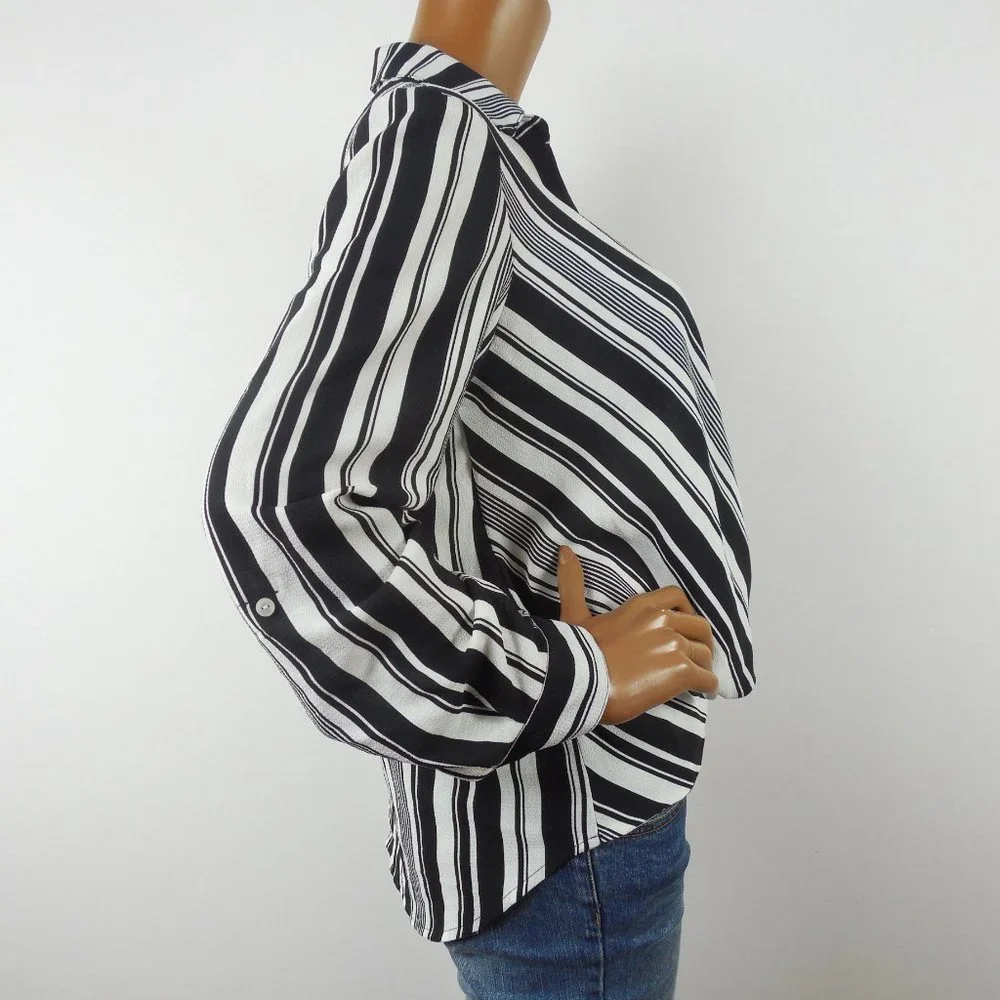 DRESSBARN Top M Black/White Striped Blouse NWT Hi/Low Stretch Roll Tab Long Slvs - Picture 6 of 11